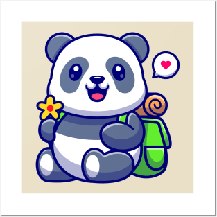 Cute Panda Holding Flower With Backpack Cartoon Posters and Art